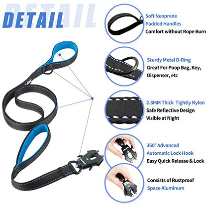 Strong Heavy Duty Dog Leash - 5ft Reflective Nylon Training Leash with Soft Padded Double Handle & Auto Lock Frog Clip - Safety Traffic Control for Large Medium Small Dogs No Pull Walk Black Blue,5ft - color: Black Blue, size: 5FT x 1" x 2.8MM