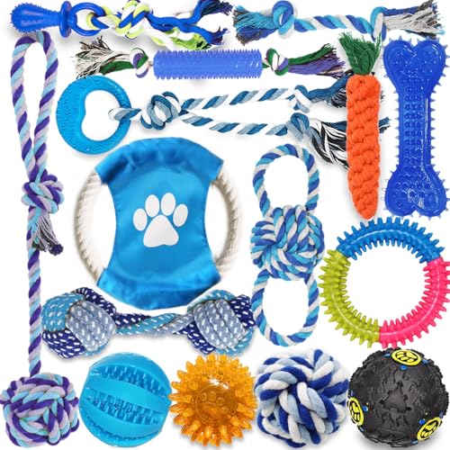 Dog Toys 15 Pack for Teeth Cleaning and Fun, Puppy Teething Chew Toys Interactive Rope Squeaky Treat Balls & Rubber Tous Bulk– Variety Dog Gifts Set Reduce Anxiety & Save Furniture - color: Blue