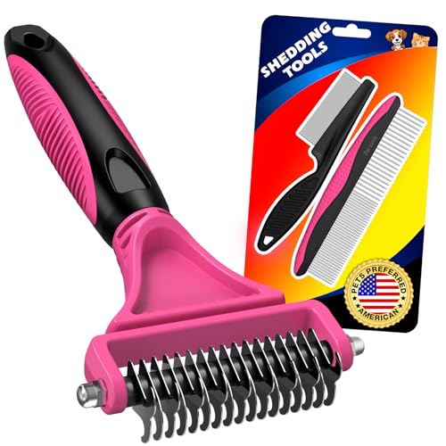 3PCS Pet Grooming Rake & Metal Comb & Flea Comb for Cats and Dogs, Double-Sided Dematting Tool, Extra-Wide Deshedding Dog Brush for Long Hair to Effectively Remove Tangles, Knots and Mats (Pink) - color: Pink