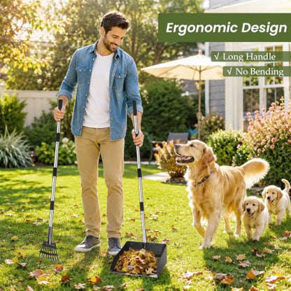 T2Y Pooper Scooper, Long Handle Dog Pooper Scooper, Adjustable Stainless Steel Rake & Extra Large Tray, Antirust & Durable Poop Scoopers for Yard, Lawn, Snowfield, Suitable for Multi-Dog Family - size: Rake & Large Tray