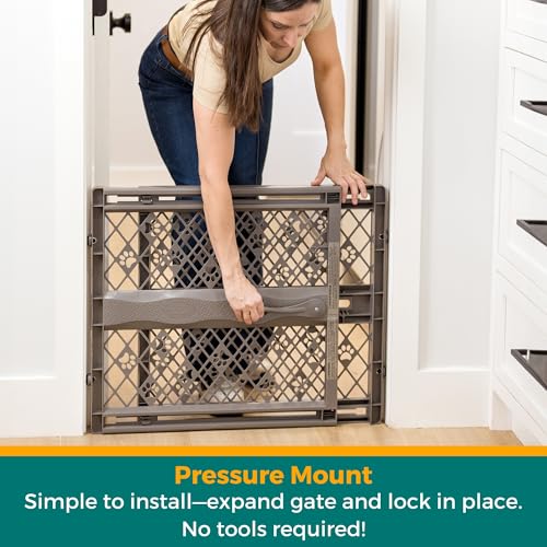 MYPET Paws Portable Pet Gate: 26-40" Wide Expandable, Pressure Mounted No Tools Needed, Durable Dog Gate for Doorways, Made in USA, 23" Tall, Fieldstone Gray - color: Fieldstone