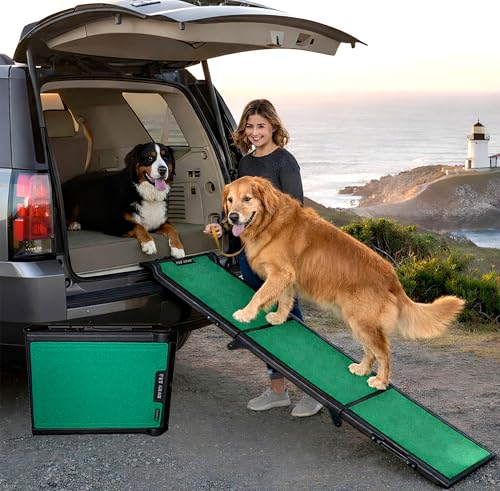 Pet Gear Tri-Fold Portable Pet Ramp for Dogs/Cats, 71", Green - supertraX | Extra Wide, Holds up to 200lbs, Compact/Easy Fold with Safety Tether - color: Green Trax - Supertrax