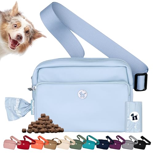 Puppington 3-in-1 Crossbody Dog Walking Bag & Treat Pouch with Matching Planet Safe Poop Bags & Built-In Dispenser - Dog Mom Gift for Puppy Training with Zippered Pockets (Ice Blue) - color: Ice Blue