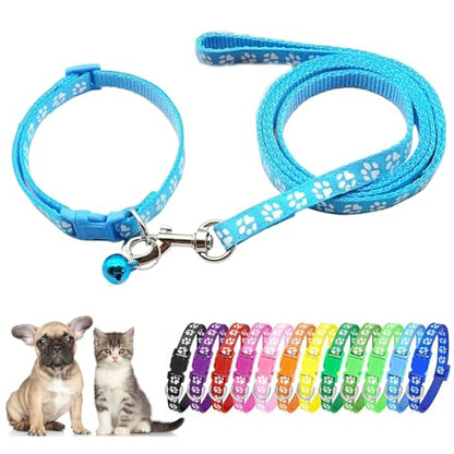 Light Blue XSmall Dog Collar and Leash Set, Puppy Leash and Collar Pawprint Adjustable Kitten Collar with Bell for Tiny Little XXS XS Extra Small Breed Pets Dogs Cats Girls Boys - color: Sky Blue