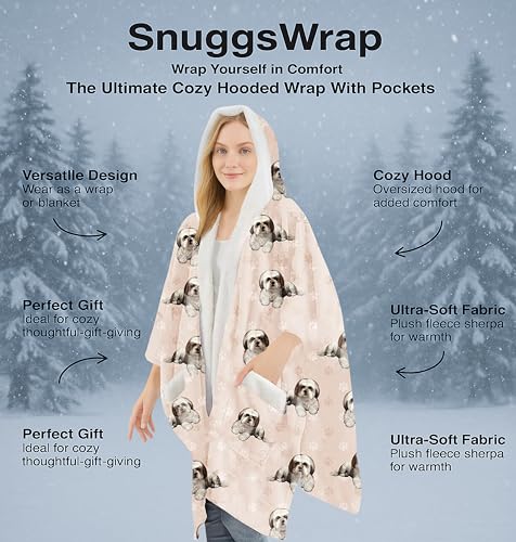 E&S Pets Sherpa Wearable Blanket Hoodie for Women – Soft Fleece Snuggs Wrap – 32 Dog & Cat Breeds – Warm Pet Lover Gifts - color: Shih Tzu Tan