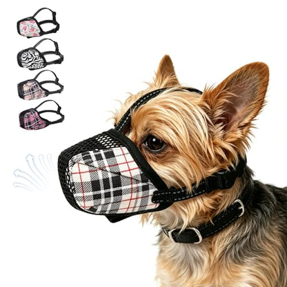 KOOLTAIL Dog Muzzle, Soft Muzzle for Small Medium Large Sized Dogs to Anti & Prevent Barking Grooming Biting, Reflective Adjustable Air Mesh Basket Muzzles, Allows Panting and Drinking, Beige Plaid S - color: Beige Plaid, size: Small