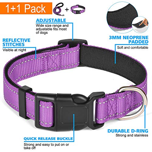 Ladoogo Reflective Dog Collar Padded with Soft Neoprene Breathable Adjustable Nylon Dog Collars for Small Medium Large Dogs (Small (Pack of 1), Purple Collar+Leash) - color: Purple Collar+Leash, size: Small (Pack of 1)