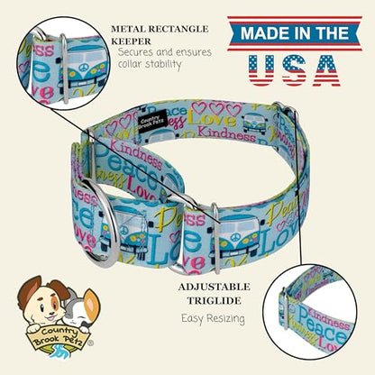 Country Brook Petz - HossFit Jr Wide Martingale Dog Collar - Groovy Collection Featuring Far Out Designs (Love and Peace, Large) - color: Love and Peace, size: Large (Pack of 1)
