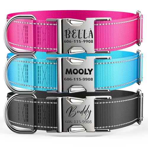 Personalized Reflective Dog Collar with Name and Phone Number, Engraved Pet ID Tag, Adjustable Nylon Collar with Quick Release Metal Buckle