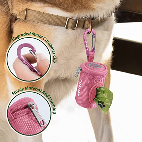 FURHAB Dog Poop Bag Holder for Leash Doggie Waste Bag Dispenser Soft Fabric Puppy Potty Carrier Small Doggy Zipper Pouch with Carabiner Clip 1680D Nylon Oxford with 1 Roll of Pet Trash Bags, Pink - color: Pink