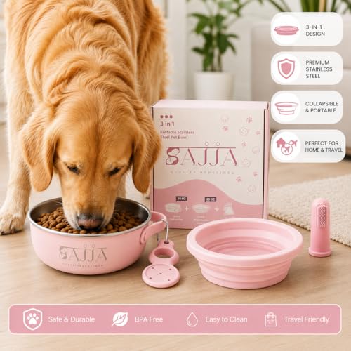Pink Collapsible Travel Dog & Cat Bowl – BPA-Free Silicone & 18/8 Stainless Steel, Portable Non-Slip Food & Water Bowl with Handle, Bottle/Poop Bag Holder – Claim Your - color: Pink Bowl