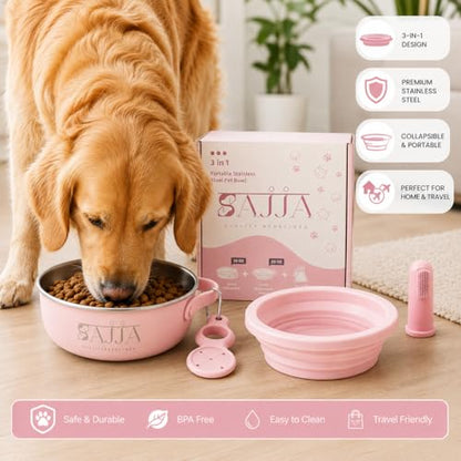 Pink Collapsible Travel Dog & Cat Bowl – BPA-Free Silicone & 18/8 Stainless Steel, Portable Non-Slip Food & Water Bowl with Handle, Bottle/Poop Bag Holder – Claim Your - color: Pink Bowl