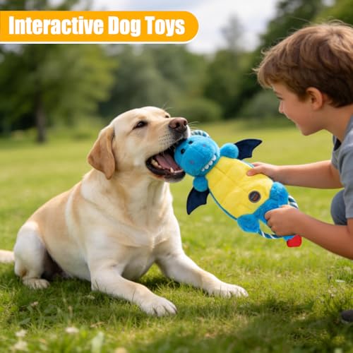 Interactive Squeaky Dog Chew Toy, Tough Plush Dog Toys for Chewers, Small, Medium & Large Dogs, Plush with Double Rope Handles for Tug of War, Mess-Free, Blue - color: Blue