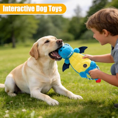 Interactive Squeaky Dog Chew Toy, Tough Plush Dog Toys for Chewers, Small, Medium & Large Dogs, Plush with Double Rope Handles for Tug of War, Mess-Free, Blue - color: Blue