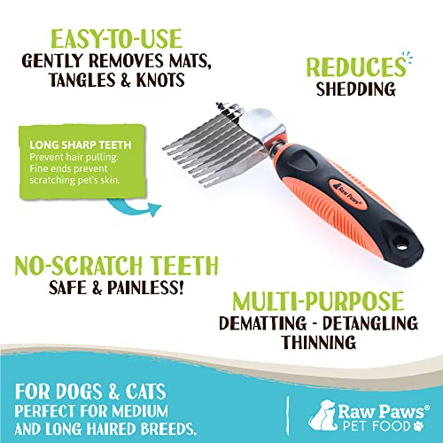 Raw Paws Dematting Comb - 1 ct, Long Blades & Safety Edges, For Cats and Dogs - Removes Mats, Tangles & Knots | Tangles & Knots Removal - Long Safety Blades - Undercoat Rake - Deshedding Comb - Long Hair Pets