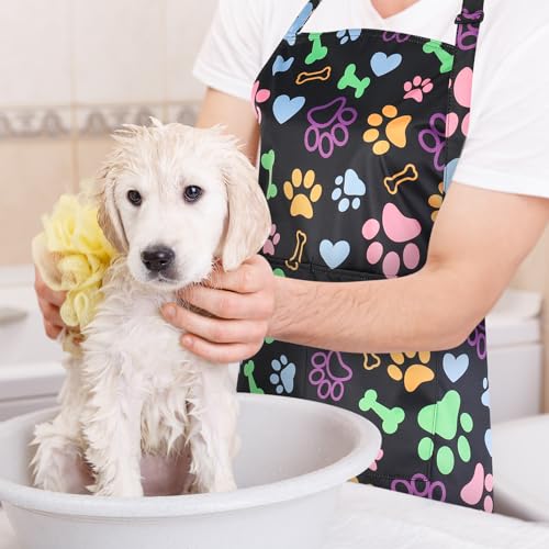 Dog Grooming Waterproof Apron with 2 Pockets, Cute Animals Puppy Dog Pets Apron - style: Dog Paws and Bones
