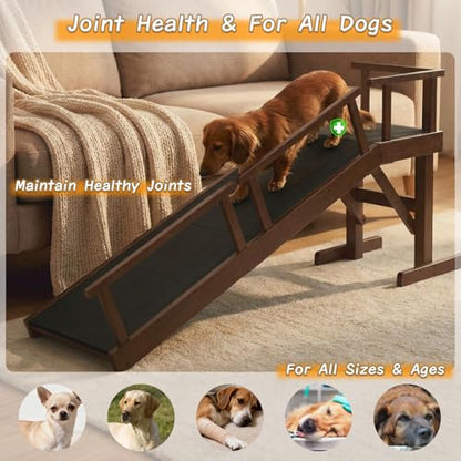 61" Dog Ramp for Bed with Rest Platform & Glow Strips, 20° Gentle Slope, EVA Non-Slip Surface, Removable Safety Rails, Birchwood Solid Wood, for Small, Large & Senior Dogs, Joint Protection, Brown - size: 61"L x 20"H x 15.7"W