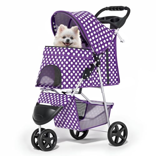 MoNiBloom 3 Wheels Pet Dog Cat Stroller for Small Medium Dogs Cats, Foldable Jogger Stroller w/Storage Basket and Cup Holder, Purple Polka Dots - color: Purple Polka Dots