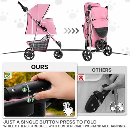 MoNiBloom 3-Wheels Foldable Pet Stroller with Waterproof Cover, Pet Strolling Cart for Small/Medium Dogs and Cats with Storage Basket and Cup Holder, Breathable and Visible Mesh for All-Season, Pink - color: Pink