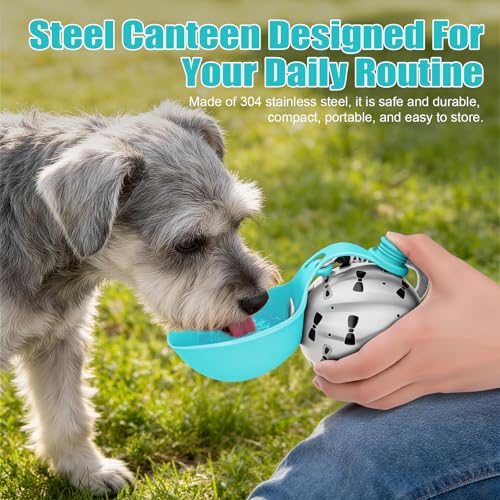 Portable Dog Water Bottle 10oz Stainless Steel Travel Dog Water Dispenser with Bowl No-Spill Puppy Water Bottle for Walking Hiking Small Dog Water Bottle (Blue Bow Print) - color: Blue Bow Print