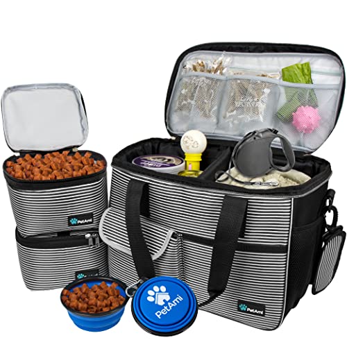 PetAmi Dog Travel Bag Organizer, Pet Travel Kit with 2 Food Containers & 2 Collapsible Dog Bowls, Pet Supplies Tote with Luggage Sleeve, Weekend Road Trip Camping Essentials, Stripe Black, Medium - color: Stripe Black, size: Medium - 14.5"L x 8"W x 12.0"H