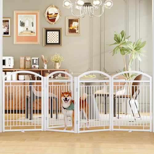 Folding No-Assembly Metal Freestanding Dog Gate with Door Walk Through,32" Height Pet Fence,96" Extra Wide Accordion Puppy Folding Playpen for Doorways,House,Stairs (4 Panels,White) - color: White, size: 4 Panels with Door 32"H*96"W