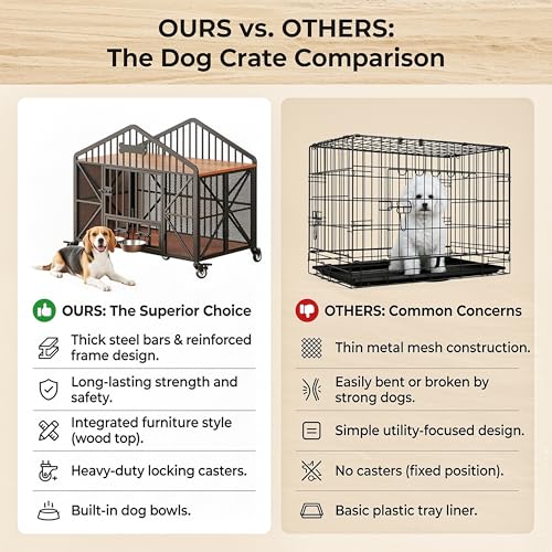 IRONCK 41.5" Foldable Dog Crate Furniture, No Assembly Required Dog Kennel Indoor with 5 Wheels, Wooden Dog Cage with 2 Rotatable Dog Bowls & Name Tag for Small/Medium Dogs, Rustic Brown