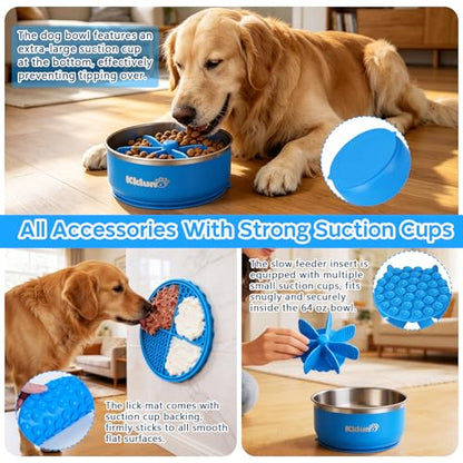 Slow Feeder Insert Bowl - 3 in 1 Stainless Steel Dog Food and Water Bowl 64oz with Lick Mat, Non-Slip Suction Cup Dog Food Bowl Puzzle Maze Slows Down Eating for Dogs Cats