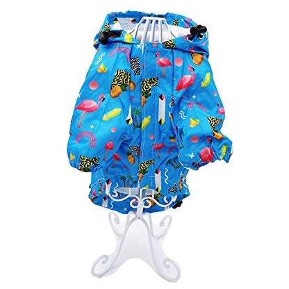 Dog Raincoat Hooded Leash Hole Waterproof Rain Coat Jacket Rainwear for Small Pet Cat Puppy (M: Length - 14", Blue Flamingo) - color: Blue Flamingo, size: M: Chest - 16", Length - 14"