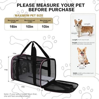Cat Carrier Soft-Sided Dog Pet Carrier Pets Travel Carriers for Big Cats Small Dogs Mesh Puppy Carry Bag,TSA Airline Up to 16 Lbs (Pink, 17 * 11 * 11) - color: pink, size: 17*11*11