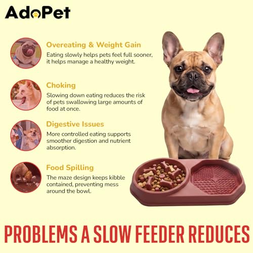 Slow Feeder Dog Bowl with Silicone Lick Mat, Non-Slip Dual Feeding Station for Dogs, Slow Eating Bowl to Help Reduce Fast Eating, Removable Lick Pad (Red) - color: Red