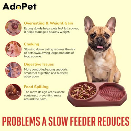 Slow Feeder Dog Bowl with Silicone Lick Mat, Non-Slip Dual Feeding Station for Dogs, Slow Eating Bowl to Help Reduce Fast Eating, Removable Lick Pad (Red) - color: Red