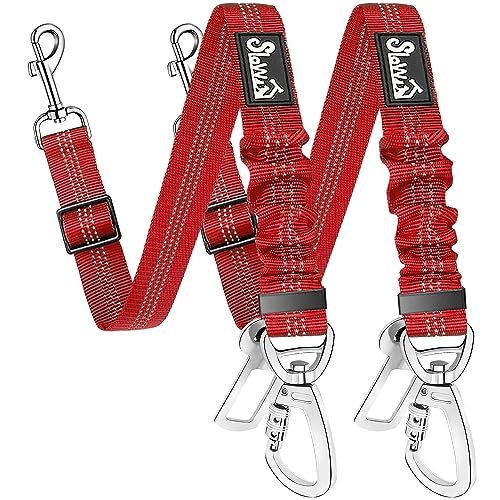 SlowTon Dog Seatbelt, 2 Pack Dog Seat Belt Car Leash Adjustable Elastic Bungee Buffer Heavy Duty Nylon Reflective Pet Safety Tether Connect to Dog Harness for Travel Riding in Vehicle (Daul Clip, R) - color: Red