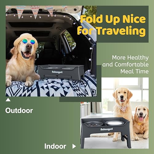 2-in-1 Elevated Dog Bowls, Mess-Proof Slow Feeder with No-Spill Water Bowl, 4 Height Adjustable, 2 Combination Options, Raised Bowl for Small, Medium & Large Dogs (Grey)