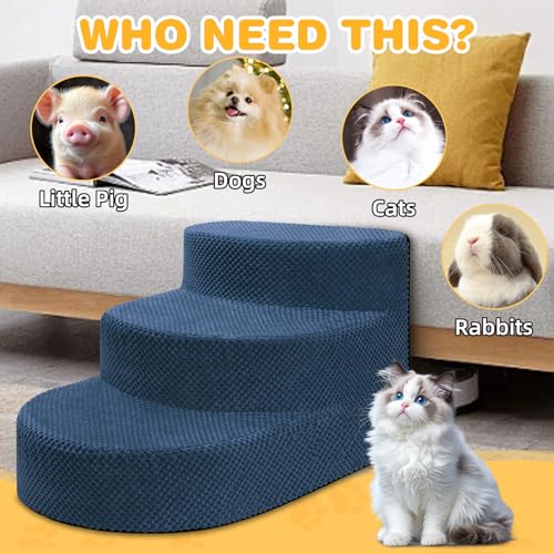 Dog Stairs 3 Steps Foam Pet Ramp for Small Dogs Cats, Navy Blue | Non-slip foam stairs with washable cover, ideal for beds & sofas. Sturdy, safe & easy to clean. - color: Navy blue-3-Step