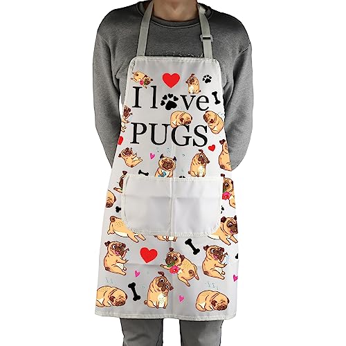 MBMSO Pug Dog Aprons Pug Lovers Gifts Pug Kitchen Apron with Pockets I Love Pugs Apron Waterproof Gifts for Pug Owner Mom
