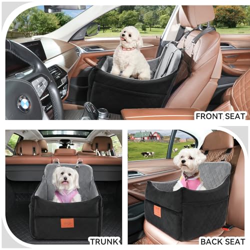 GL GLENSLAVE Dog Car Seat for Small/Medium Dogs, Dog Booster Car Seats with Thick Cushion for Dogs Under 35lbs, Detachable Washable Pet Carseat with Storage Pockets, 2 Safety Belts(Black/Grey) - color: Black/Grey