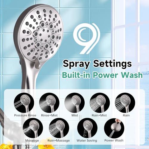 BRIGHT SHOWERS High Pressure Shower Head with Handheld, 9 Spray Settings Showerhead Built in Power Wash to Clean Tub and Pets, Extra Long 69" Hose, Adjustable Bracket, Brushed Nickel - color: Brushed Nickel, style: 2.5 GPM | 9 Modes