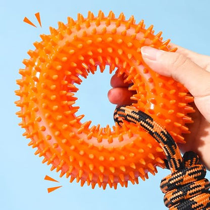 Dog Toys Squeaky - Spiky Ring for Chewers Dog Teething Toy with Rope, Squeaky Puppy Teething Spikey Glitter Ring Chew Toy, Aggressive Chew Indestructible for Puppy Teething Boredom Relief (Green 2) - color: Green 2