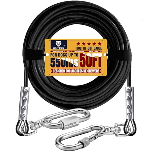 WATFOON Dog Leads for Yard, 1500LBS Break Strength, Heavy Duty Tie Out Cable for X-Large Dogs Training with Dual Rotating Hooks, Water Resistant Dog Chain Leads for Outside Camping (Black, 50FT) - size: 50FT