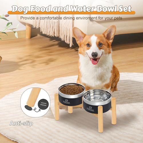 UPSKY Elevated Dog Bowls – 27oz Stainless Steel Anti-Spill Set with Wooden Stand, Double Raised Bowls for Small/Medium Dogs to Reduce Neck Strain & Improve Digestion - color: Black