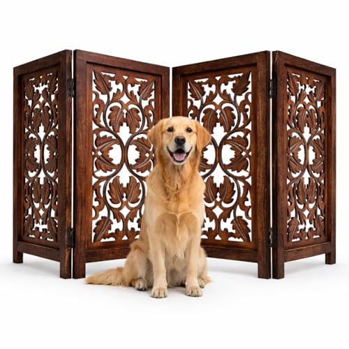 Free Standing Dog Gate – 4 Panel Foldable Wooden pet gate Indoor 56" W x 28" H, Hand-Carved Solid Wood & MDF, Portable Indoor gate for Doorways, Halls, Stairs – Fully Assembled_Burnt Finish - color: Burnt, size: 56"x28" Leaf 4 Panels