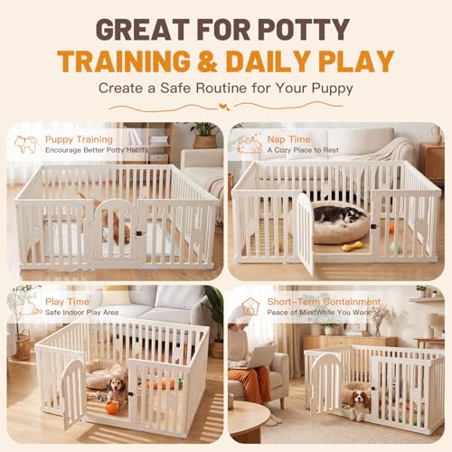 Dog Play Pen Indoors, 8-Panel Puppy Playpen with Door, 25.6" Tall Plastic Dog Fence for Dogs, Easy Assembly Pet Playpen for Puppies, Cats, Rabbits, Indoor Dog Pen Off White - size: Off White-8 Panels