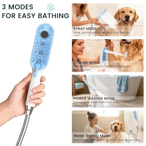 4 Mode Dog Shower Attachment, High Pressure Handheld Sprayer with ON/OFF Switch, 78 Inches Stainless Steel Hose, Diverter, Adhesive Holder, for Indoor/Outdoor Dog Bathing and Cleaning