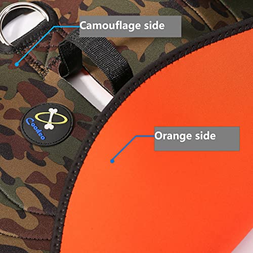 Coodeo Dog Hunting Vest Orange, Camo and Reversible Reflective Dog Tactical Harness Hound Jacket for Protection and Security, 4.5mm Neoprene Waterproof Safety Dog Vest Both Sides to Wear (Large) - size: Large