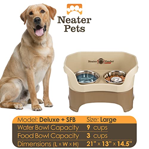 Neater Feeder Deluxe Mess Proof Dog Bowls Elevated for Large Breeds – Made in USA – No Spill Raised Slow Feeder Elevated Dog Bowl Stand, Stainless Steel Food and Water Bowl Set, Cappuccino - color: Cappuccino, size: Large with Slow Feed Bowl