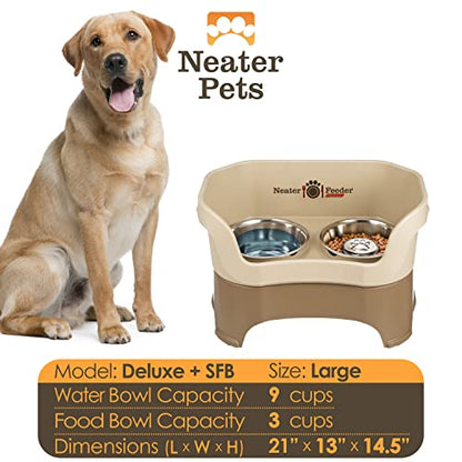 Neater Feeder Deluxe Mess Proof Dog Bowls Elevated for Large Breeds – Made in USA – No Spill Raised Slow Feeder Elevated Dog Bowl Stand, Stainless Steel Food and Water Bowl Set, Cappuccino - color: Cappuccino, size: Large with Slow Feed Bowl