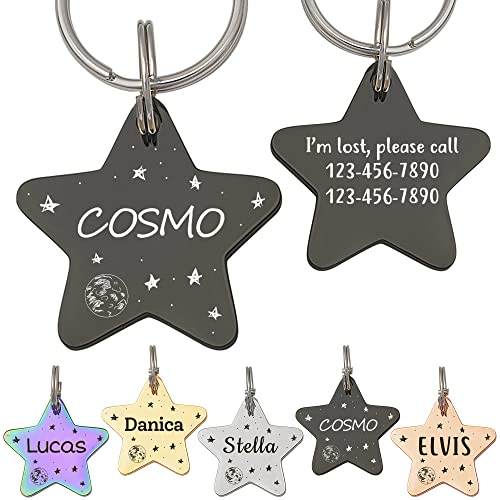 Anavia Starry Sky Theme Pet ID Tags in Half Moon & Star Shape, Personalized Dog Name Tag Cat Tag, Glossy Stainless Steel Gold Plated Black Rainbow Dog Collar Tag (Medium, Star Shape, Black) - color: Black, size: Medium, style: Star Shape