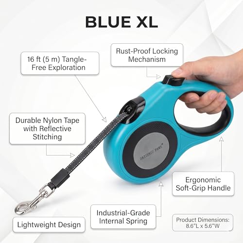 XL 16FT Retractable Dog Leash for Large Dog up to 120 lbs, Chew Proof Steel Wire Extender, One-Hand Brake & Lock, Tangle-Free Heavy Duty Walking Leash XL Blue - color: Blue