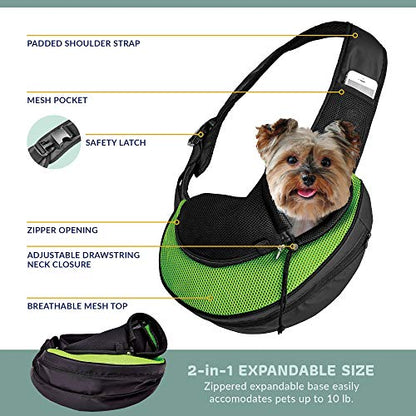 Expandable Pet Carrier Sling Bag - Small Dog, Puppy and Cat Carrier Front Shoulder Backpack w/Harness Strap - Carrying Pouch for ESA, Animal Travel - PU Leather Bottom, Mesh Pocket by Katziela (Green) - color: Green